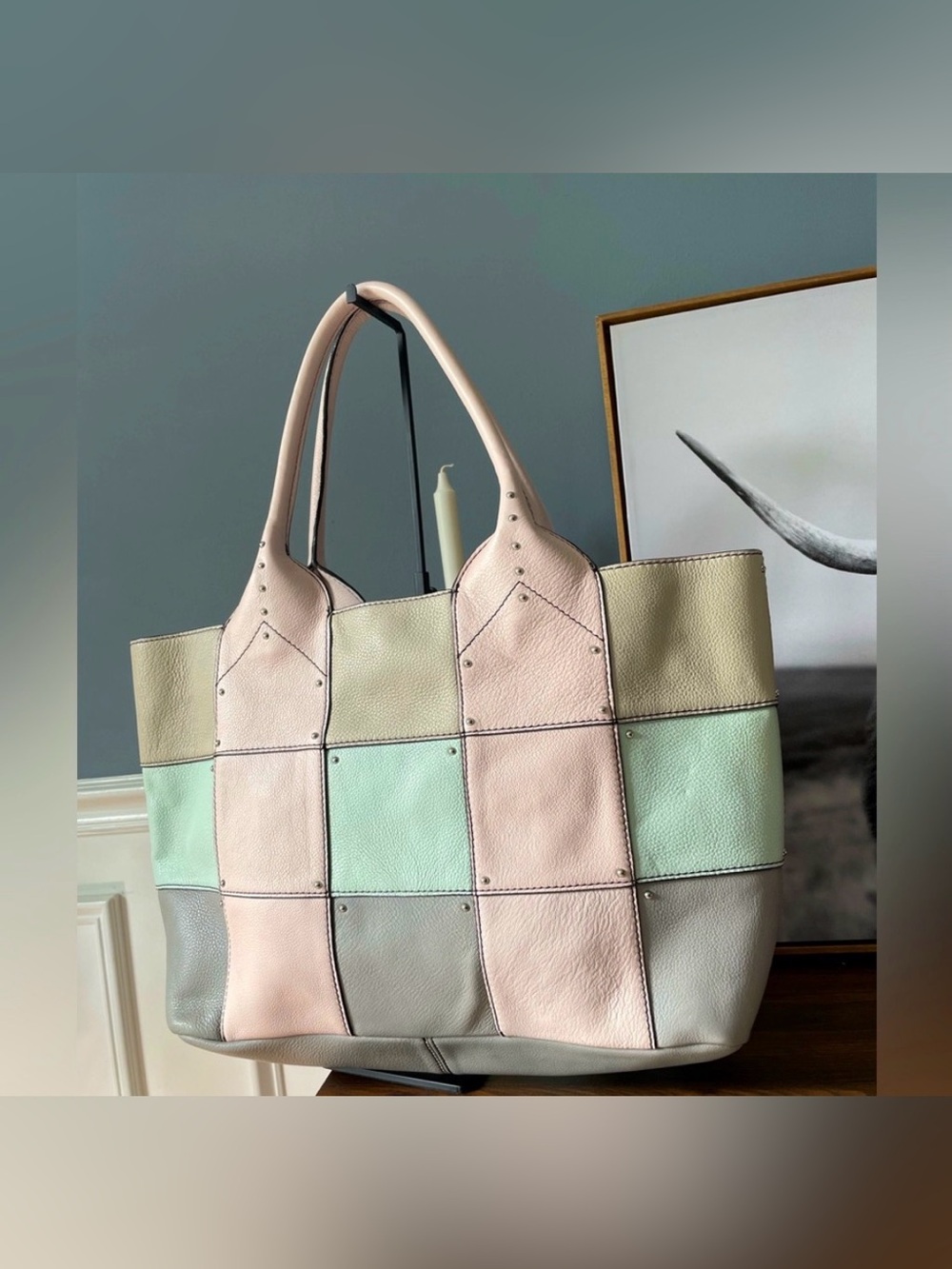 OrYany Pastel Patchwork Leather Tote Bag - Pink Mint Cream - Picture 2 of 6